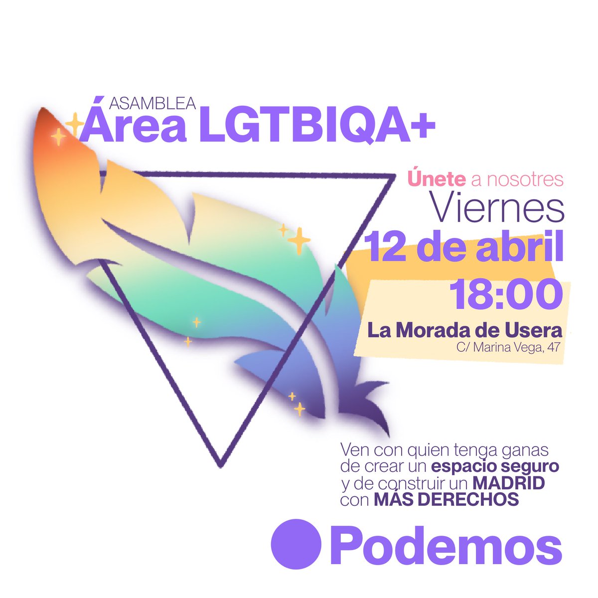 Si eres de las que lleva por bandera aquello de que LO PERSONAL ES POLÍTICO, crees en una Comunidad de Madrid más DIVERSA y verdaderamente LIBRE y, sobre todo, si eres una MAMARRACHA como nosotres ¡TE ESPERAMOS! 📆 Esta tarde! 🕕 18:00 📍La Morada de Usera, C/ Marina Vega 47