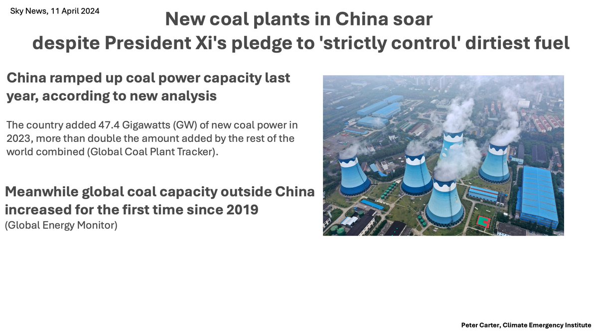 CHINA NEW COAL PLANTS SOAR 2024 April 2024, China ramped up coal power capacity last year Added 47.4 (GW) new coal 2023, 2X added by the rest of the world combined (Global Coal Plant Tracker) More coal is planet & future killer #ClimateChange #globalwarming #emissions