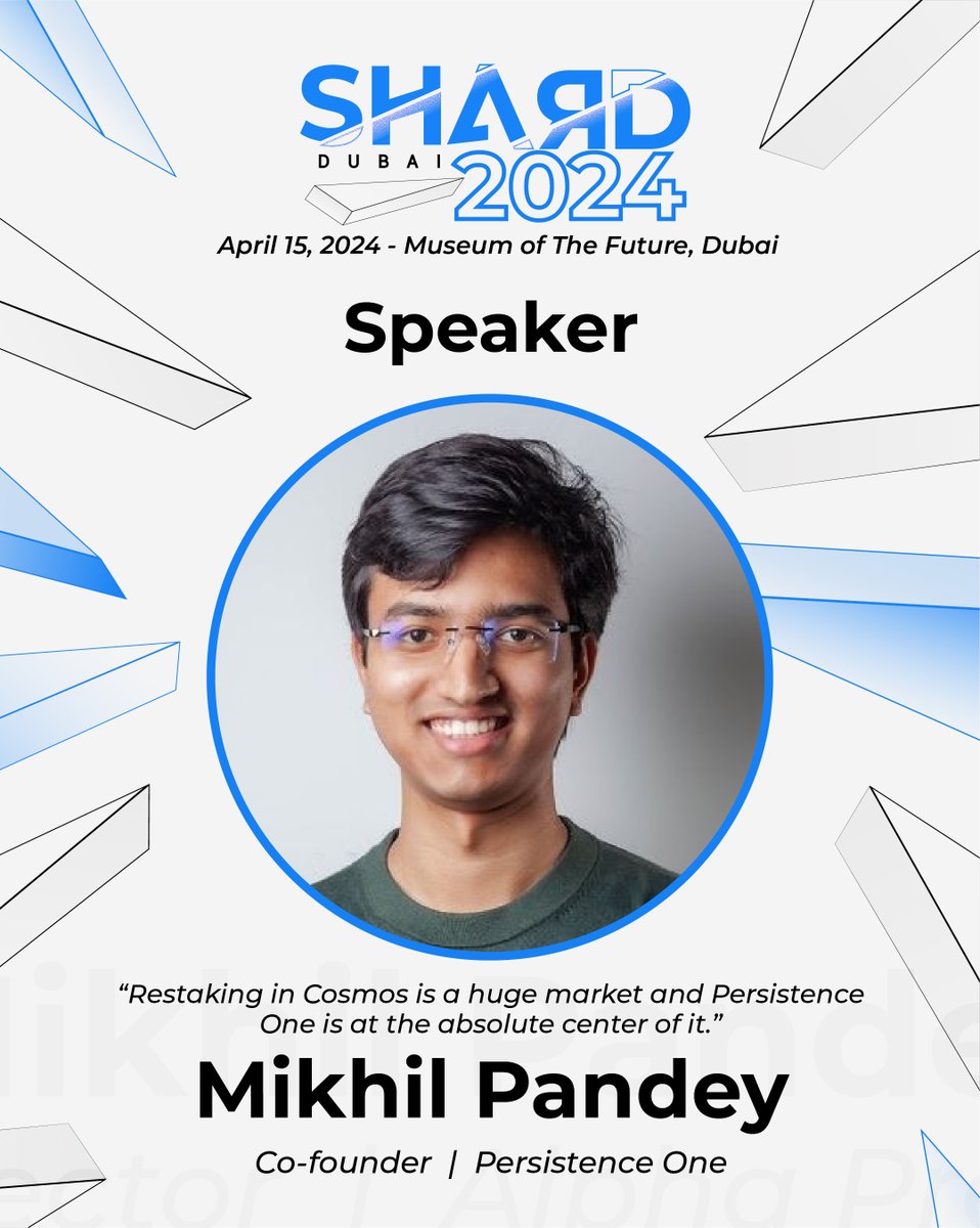 Follow @pandeymikhil, Co-founder of Cosmos Restaking Network @PersistenceOne, at #ShardDubai! Learn how Persistence One is maximizing yield in Cosmos staking economy. Secure your spot: lu.ma/ebx5k86r