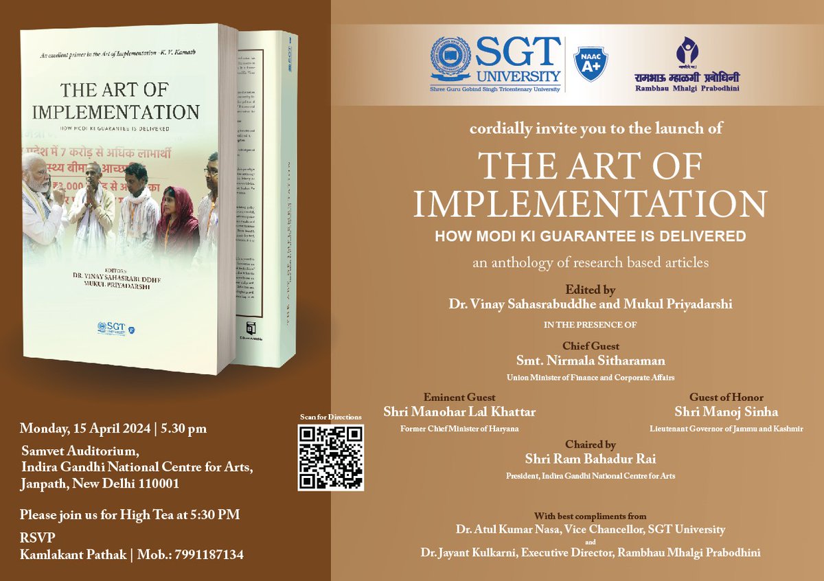 Join us for the book launch of 'The Art of Implementation,' where we'll dive into the successful strategies of the Modi government. 🎉 🗓 Mark your calendars for April 15, 2024 (Monday) Register now to secure your spot: forms.gle/2DY7EyJdQgXseH… #modigovernment