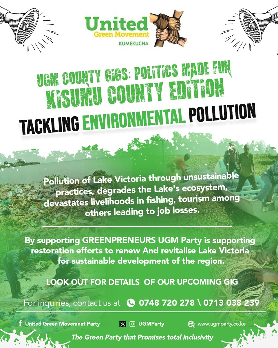 Youthful greenpreneurs are leading efforts to COMBAT POLLUTION & RESTORE Lake Victoria's ecosystem. @UGMParty is giving a chance to these Greenpreneurs to EXHIBIT at the #UGMCOUNTYGIGS Kisumu Edition, in May. It is time to help young Kenyans create EMPLOYMENT! #Ugm #Kumekucha