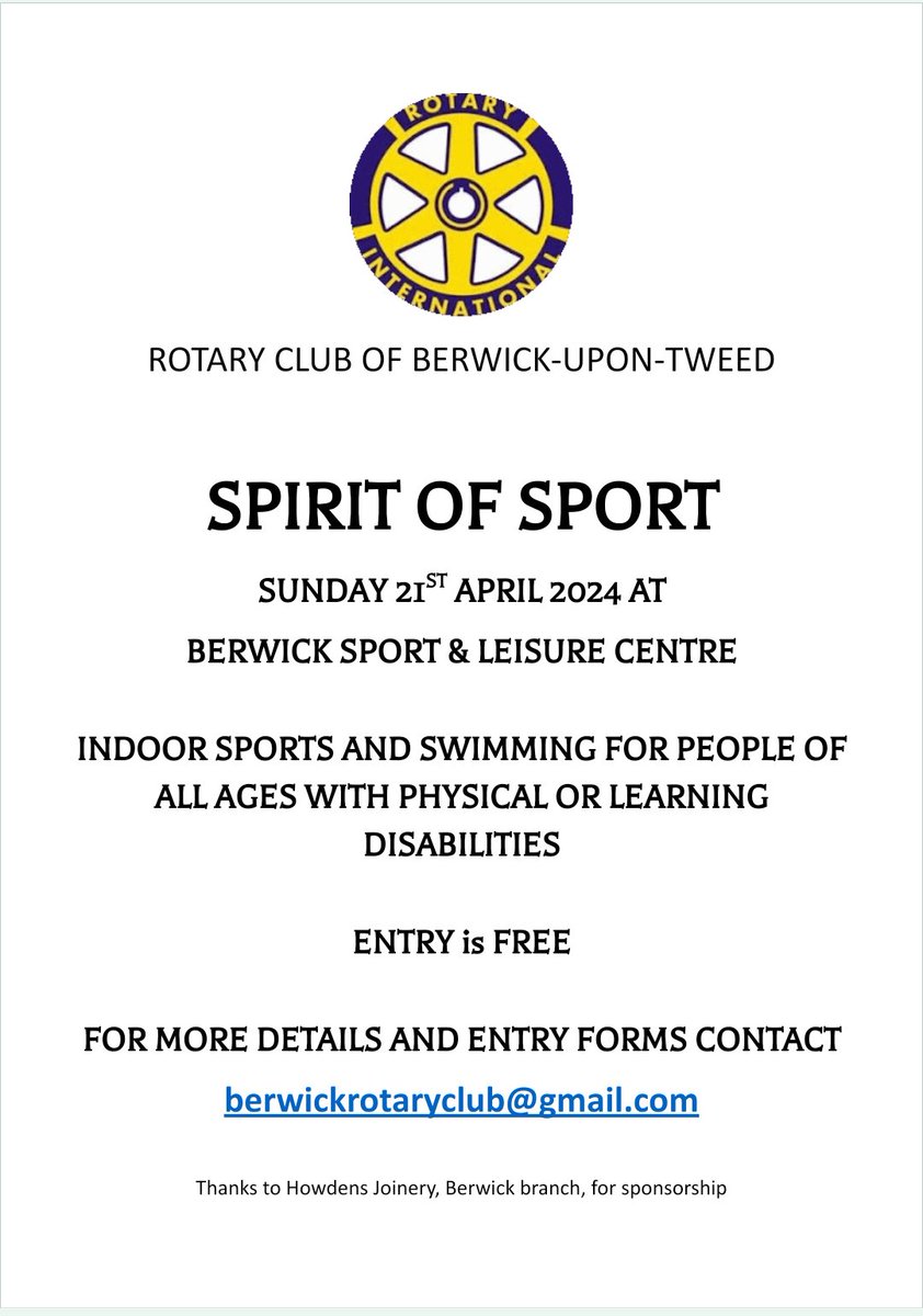 A final call for bookings for @BerwickUTRotary's annual Spirit of Sport. Get in touch at berwickrotaryclub@gmail.com now if you are #disabled and want to take part in a great day of sport at @PlacesLeisure's #Berwick Sport & Leisure Centre on Sunday 21 April.
