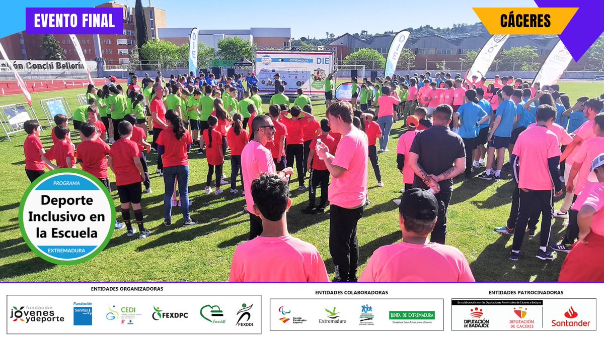 Comienza en Cáceres el Evento Final DIE (Deporte Inclusivo en la Escuela) de Extremadura 💚🤍🖤 con la presencia de más de 250 niñas y niños llegados de 11 centros educativos de la región.