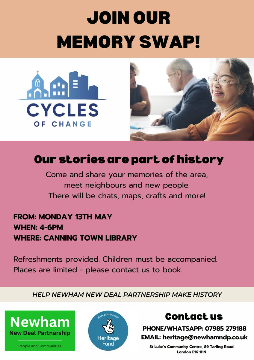 🔍🔍🔍Want to learn more about @NewhamLondon and participate in our 2025 birthday exhibition? Then our Memory Swap is for you. We've partnered up with Newham Archives, @UCLEast and @ArchivesUEL to uncover local history and #heritage - be part of it with #cyclesofchange!