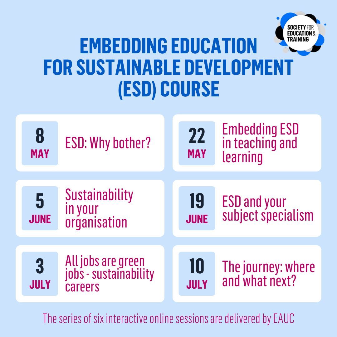 The ‘Embedding education for sustainable development’ online course, starting on 8 May 2024, is now open for bookings. Places are limited, so book now. Read more about the course here: buff.ly/4cPnKRa #EducationForSustainableDevelopment #Sustainability