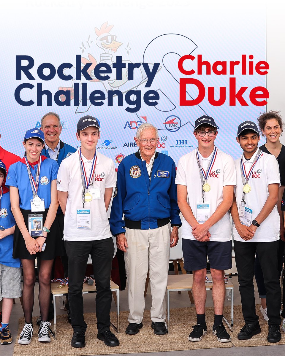 Celebrating Human Space Flight Day with a #ParisAirShow 2023 throwback: young Rocketry Challenge talents met Charlie Duke! Their mini-rocket missions promise a bright aerospace future. 🚀 #PAS25