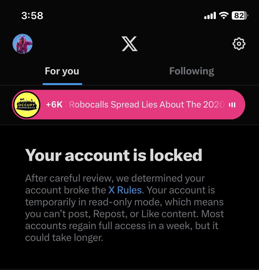 My account got locked yesterday because #X and #ElonMusk  is okay with men on their platform talking about raping women but not with men standing up to them for their bad behavior.  #RespectWomen