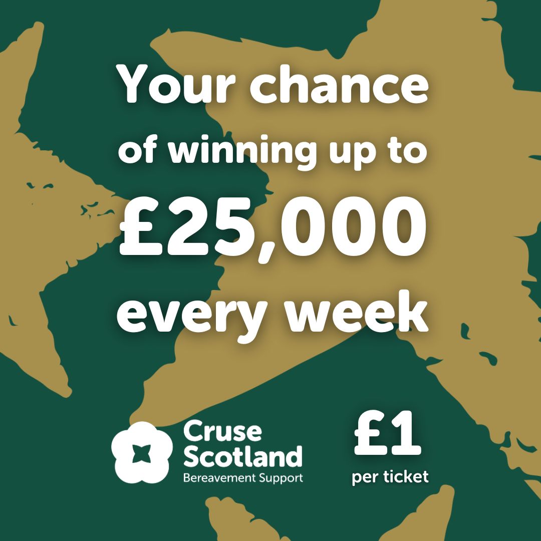 Just so you know, we get half the money of all tickets sold to help continue our work supporting bereaved people across Scotland. Tomorrow at 8pm is another weekly prize draw. Play our lottery today for £1: buff.ly/3ON7fLs Good luck! Always gamble responsibly.