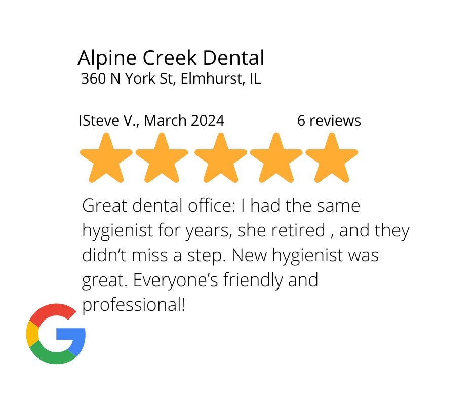 The biggest #ThankYou we can receive from a patient is a positive review. They are appreciated! We 💚 our patients.

#SupportLocal #StandWithSmall #WholeBodyHealth #ElmhurstDentist #ElmhurstFamilyDentist #AlpineCreekDental
