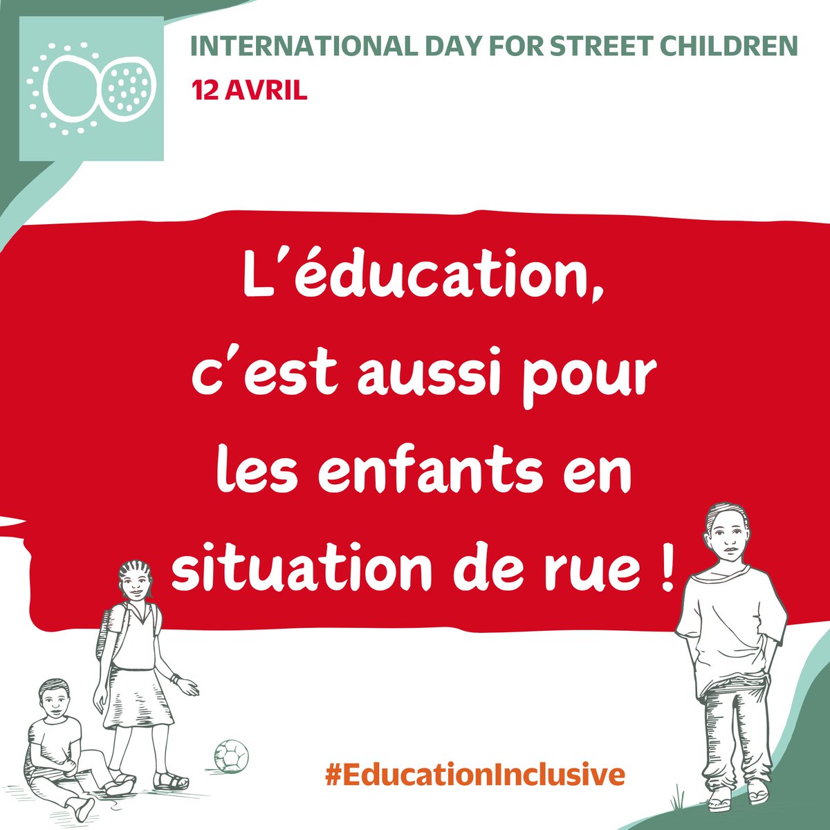 👫💫Le 12 avril, c'est la Journée internationale des enfants en situation de rue ! Ces enfants sont les grands oubliés des systèmes éducatifs 🏫 ➡️Comme tous les autres, ils ont droit à une éducation gratuite et de qualité. 🔗bit.ly/49LAgPi #IDSC24 #InclusiveEducation