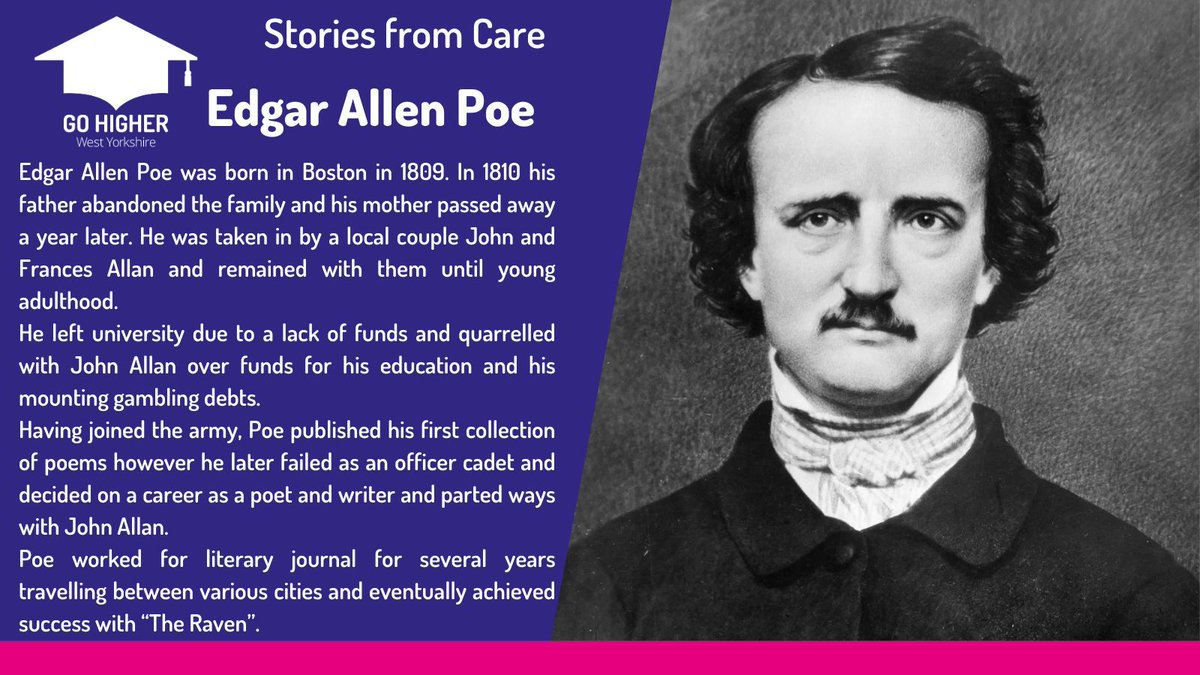 Our second stories from care focuses on Edgar Allen Poe. Famed for his macabre stories and poems, Poe is considered the inventor of the detective fiction genre. Find out more about his story as part of Care-Experienced History Month #CEHM