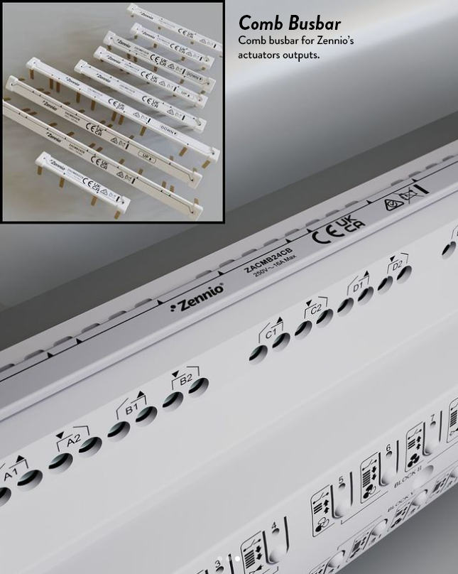 Di adiós 👋🏻 al cableado eterno en instalaciones #KNX. Gracias al #CombBusBar podrás puentear fácilmente las salidas de los actuadores de #Zennio, simplificando la instalación. Comb Busbar: instale más rápido, instale más fácilmente, instale Zennio. zennio.com/es