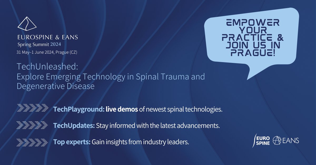 #TechUnleashed 2024: Experience Tomorrow's Spinal Health Today! Join us in Prague, 31 May - 1 June, for groundbreaking live demos and expert insights. Discover the future of #SpinalHealth at the EUROSPINE/ EANS Spring Summit. springsummit.org @eans_yns @eurospinesoc