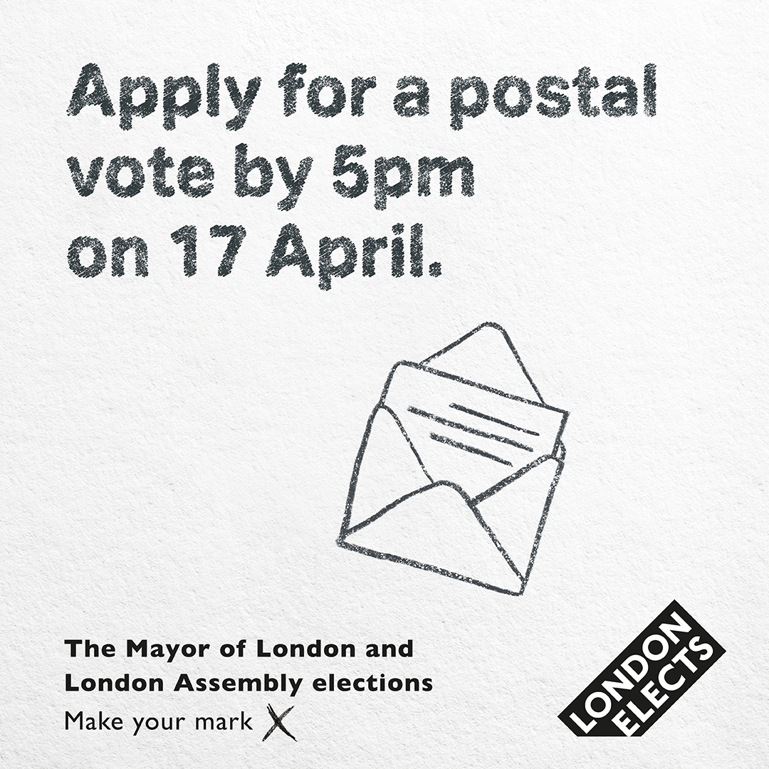 Don't think you can make it to your polling station to vote? Why not apply for a postal vote? 📩 Hurry, the deadline is 17 April. Apply now. bit.ly/3UI7ESz #LondonVotes