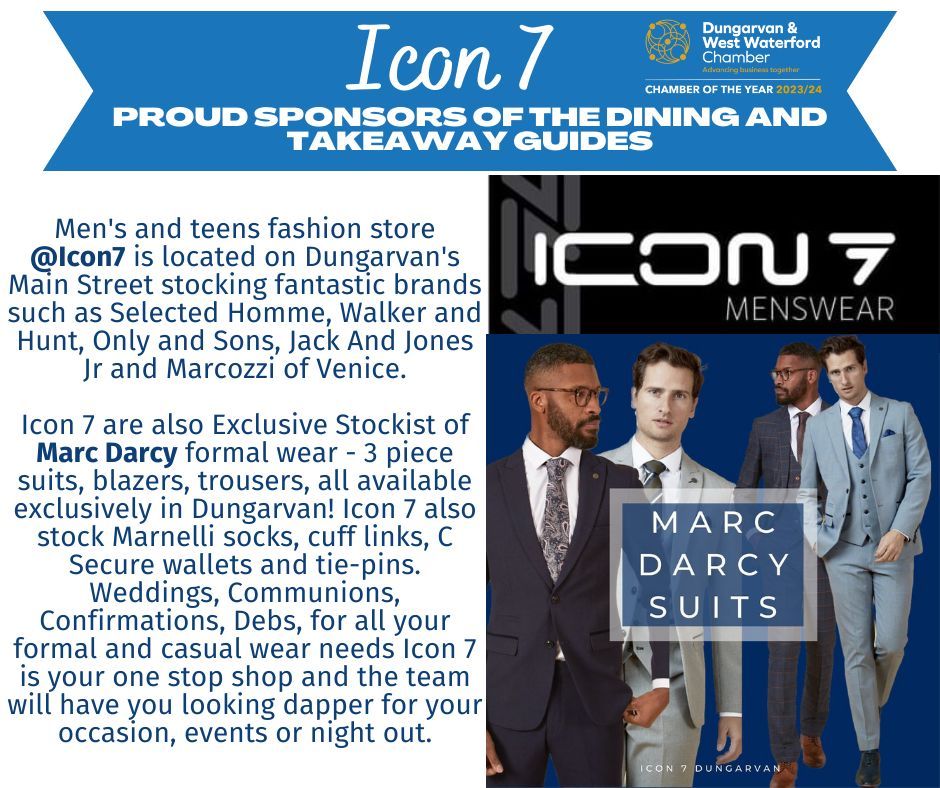 Icon 7 Dungarvan - exclusive stockist of Marc Darcy suits - men's and teenage fashion store. 🤤🌍 #LocalEats #FoodieAdventure #DiningGuide #TakeawayGuide #NomNomNom