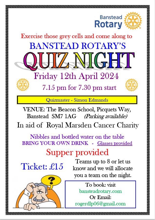 TONIGHT Banstead Rotary Quiz Night with @BansteadRotary still time to book ow.ly/Se1830sBuYJ