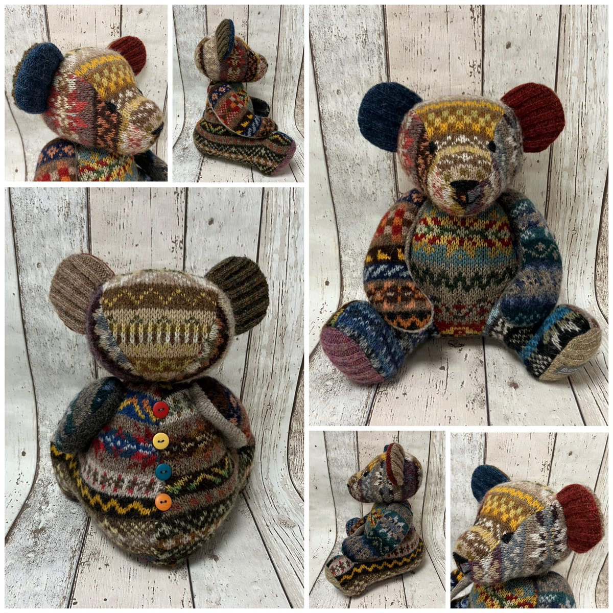 Friday Burra Bear FOR SALE:
'Ottle o' Ootnabreck' made from 10 different pieces of beautiful Fair Isle knitwear by the fabulous Jamiesons of Shetland 
£130, price includes UK P&P 
#burrabears #shetland #FairIsleFriday