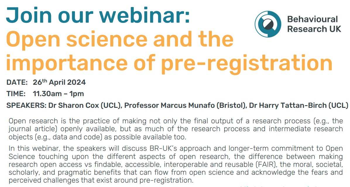 👀 It’s just two weeks until BR-UK’s first external webinar! We are excited to have Dr Sharon Cox, Professor Marcus Munafo and Dr Harry Tattan-Birch talk Open Science and the importance of pre-registration: Register now to watch on Zoom: us02web.zoom.us/webinar/regist…