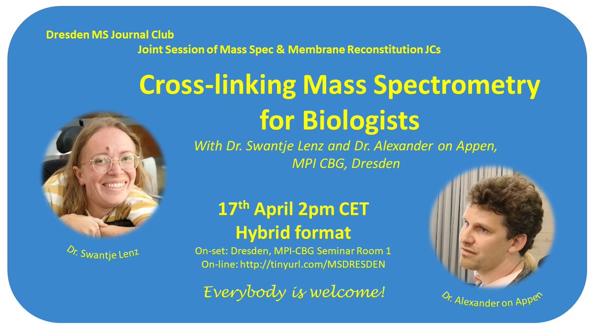 Shevchenko Lab (@labshevchenko) on Twitter photo š¢Dresden #Massspec & Membrane JCs joint session!
Cross-linking Mass Spectrometry (XL-MS) for biologists
Speaker: Swantje Lenz & Alexander von Appen <a href="/mpicbg/">MPI-CBG Dresden</a>
17th April 2pm CET, Hybrid format
Info: tinyurl.com/MSDRESDEN
Everybody is welcome!
#XLMS #cellbio #phdlife š¢Dresden #Massspec & Membrane JCs joint session!
Cross-linking Mass Spectrometry (XL-MS) for biologists
Speaker: Swantje Lenz & Alexander von Appen <a href="/mpicbg/">MPI-CBG Dresden</a>
17th April 2pm CET, Hybrid format
Info: tinyurl.com/MSDRESDEN
Everybody is welcome!
#XLMS #cellbio #phdlife
