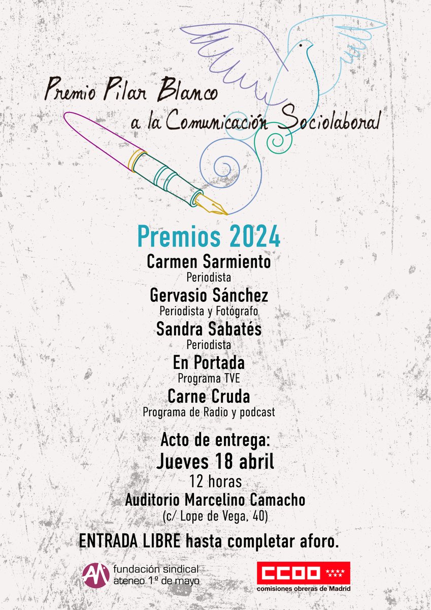 👋🏼 Celebramos el acto de entrega de los Premios Pilar Blanco ➡️ Los premiados son @CarmenSarmient1, @gervasanchez, @sandrasabates11, @EnPortada_TVE y @carnecrudaradio 🗓️Jueves 18 abril. 12H 📍Auditorio Marcelino Camacho (c/ Lope de Vega 40) 👉🏼Entrada libre ¡Os esperamos!