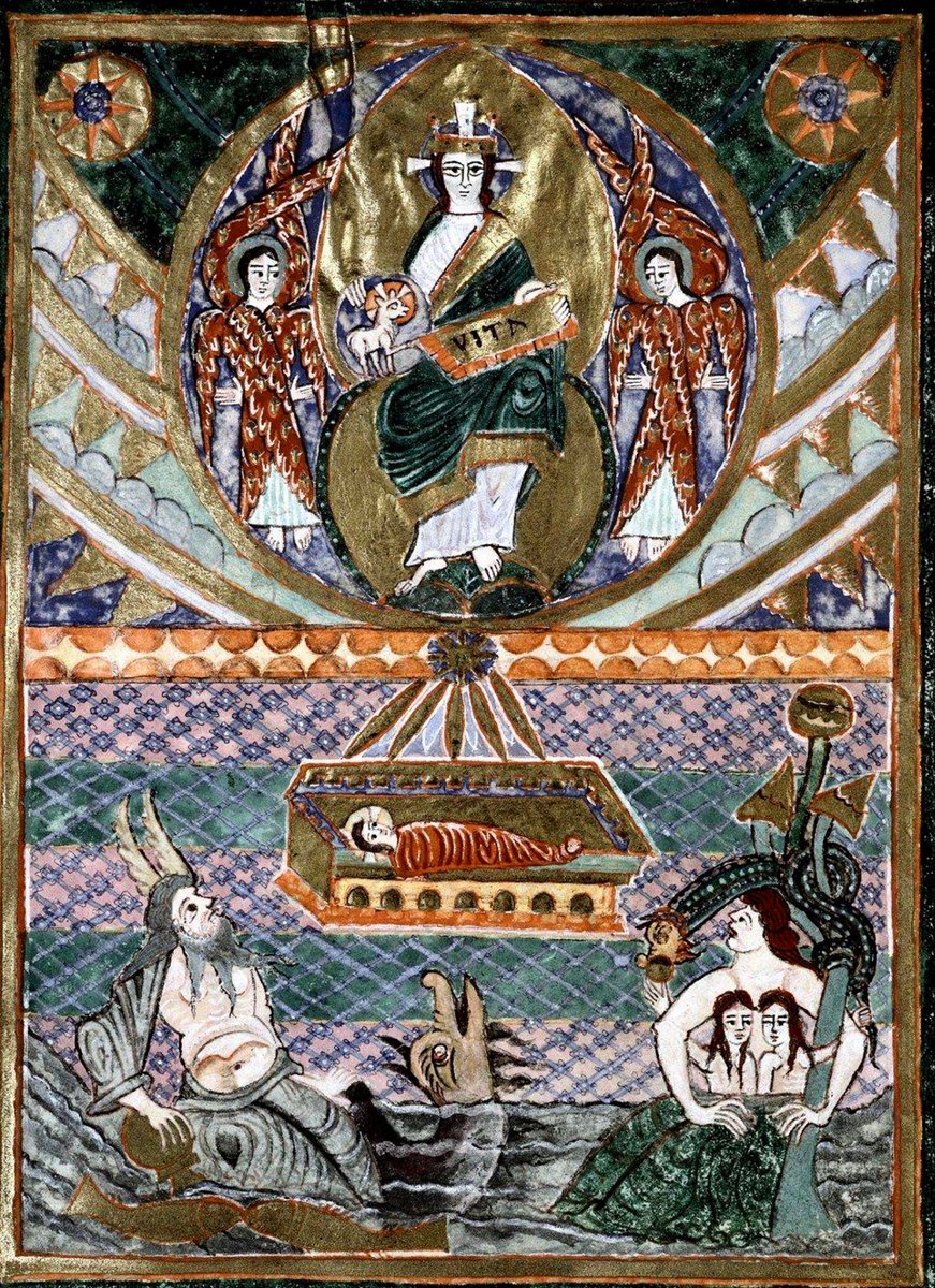 (1/2) This miniature from the 'Precious Gospels of St. Bernward' (early 11th c.) in the upper half shows the divine Christ enthroned, surrounded by two angels: 'He was in the beginning with God... through him was life' (John 1:2.4). 
Hildesheim, Domschatz, Nr. 18, f. 174r