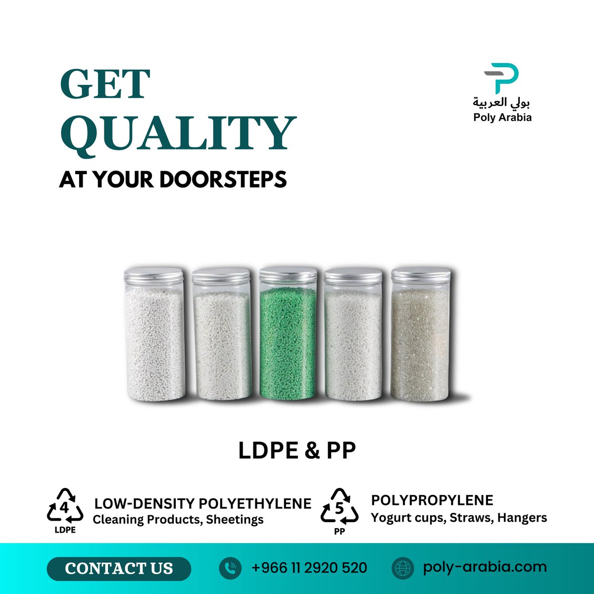 GET QUALITY AT YOUR DOORSTEPS...
Our Services :-
> Polymer Supplies
> Marketing & Distribution
> Supply chain Services
> Financial Services etc.

#PolyArabia #PlasticInnovation #RawMaterials #SustainablePlastics #InnovateWithPolyArabia #PlasticSolutions #RiyadhBusiness