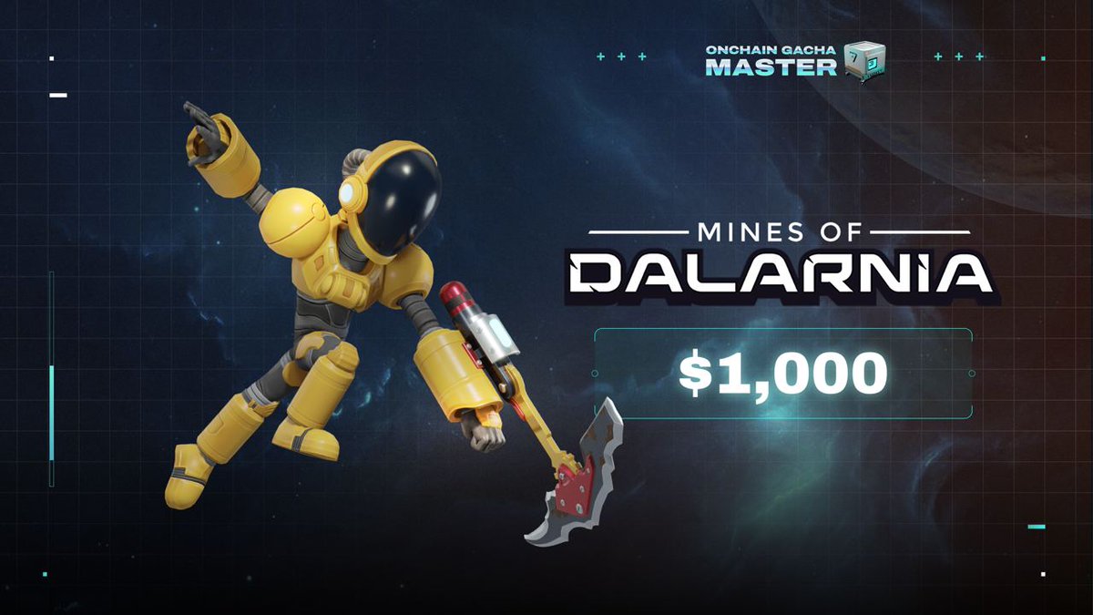 Meet @MinesOfDalarnia, the next big name in the Onchain Gacha lineup!   

💰 Prize pool: $1,000  

Let's explore a space mining world, complete mission, and spin your gacha 👉 space3.gg/missions/mines…  

(1/4)