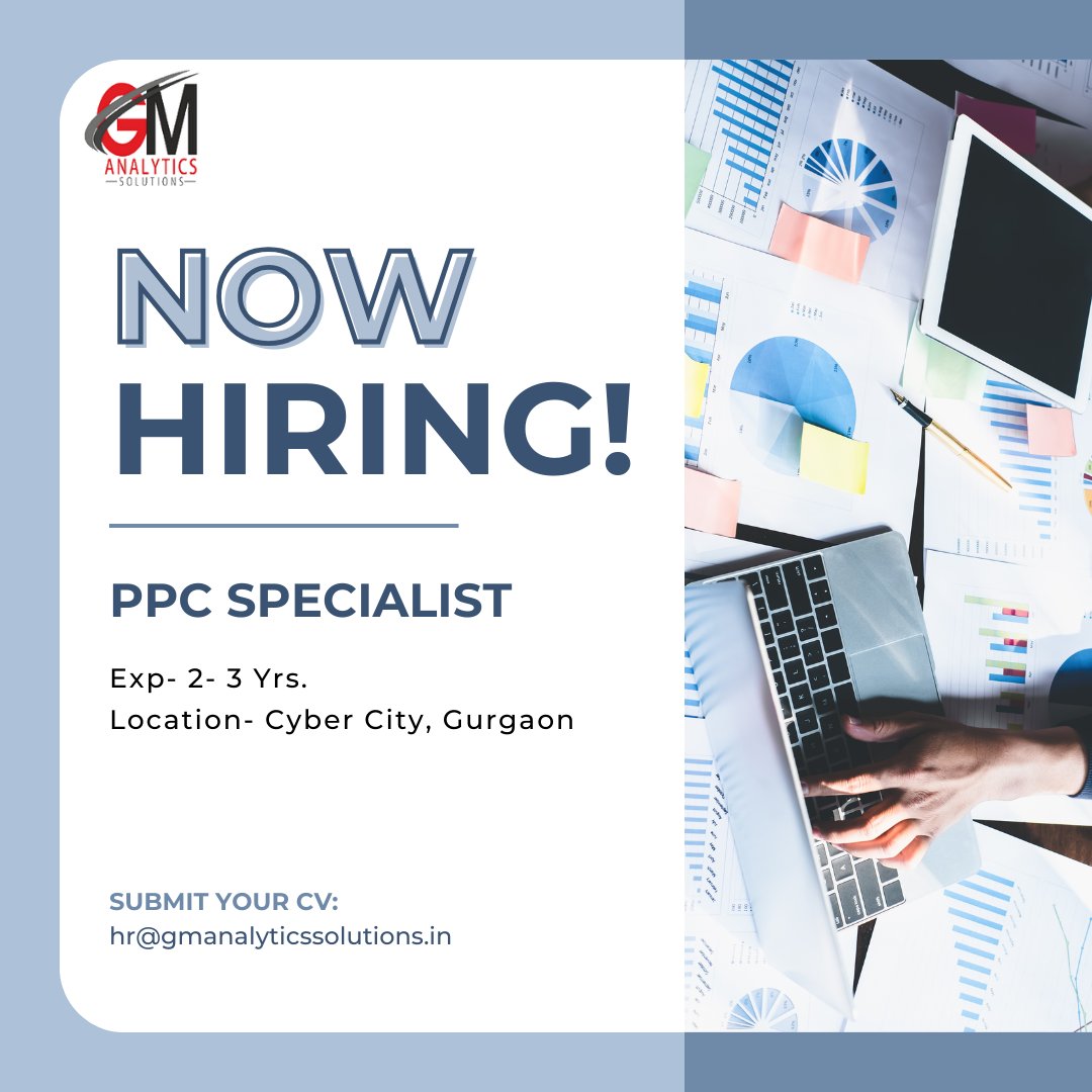 Hiring for a PPC Specialist. Send CV to talent_acquisition@gmanalyticssolutions.in and 
Apply- bit.ly/3PJjMzu
#jobs #Career #healthcarejobs #Hiring #ushealthcare #jobseekers #GMAnalyticsSolutions #recruitment #jobseeker #gurgaon #jobposting #Adwords #PPC #PaidMarketing
