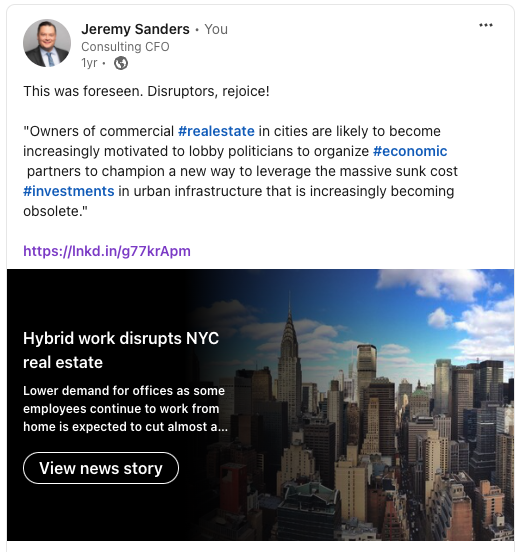 StartupJeremy's tweet photo. 💰"The governor is also facing pressure from city leaders to return workers to the office [...] to boost the local #economy downtown."

🔮Sadly, this was foreseen: "Owners of commercial #realestate in cities are likely to become increasingly motivated to lobby politicians [...]" https://t.co/HthlmfqC0Q