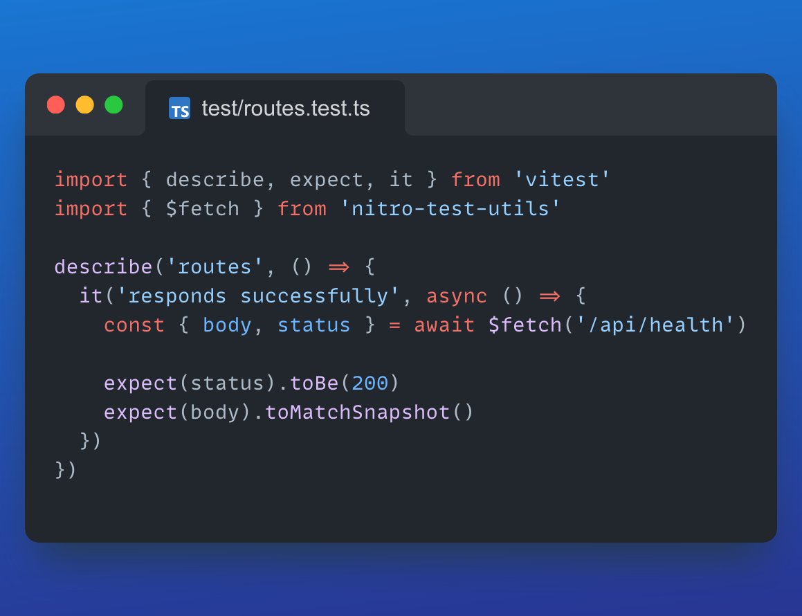 🧪 Nitro test utils provide an easy-to-use testing environment for @unjsio Nitro applications, built on top of @vitest_dev. 🚀 Simple setup 📡 Familiar `$fetch` helper like Nuxt test utils 👉 github.com/johannschoppli…