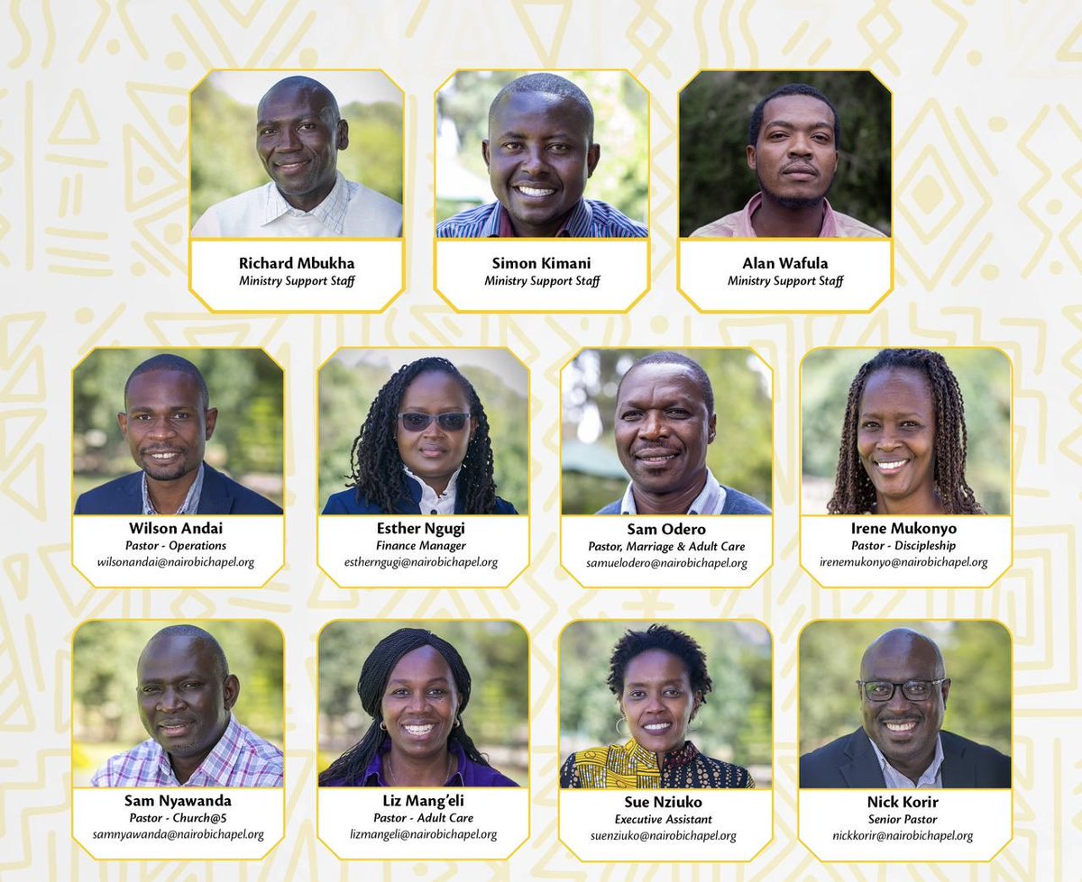 Happy Friday Family 👋🏾👋🏾
Meet the Nairobi Chapel Ngong Road Ministry team - a true blessing to the life of our campus & community!

Let’s continue to lift up these servants in the Lord’s vineyard in prayer.

#ItsTime #Teams #OneOnOne #Under18 #Community #Health #CompassMeetsClock