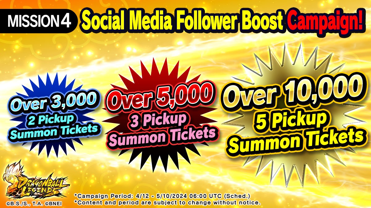 ／ Mission 4: Social Media Follower Boost Campaign! ＼ Depending on how many more followers we get on our official social media, we're giving out up to 10 Pickup Summon Tickets! Keep up on the amazing campaigns & keep on playing LEGENDS! #100MillionUsers_SaiyanSaga #DBLegends