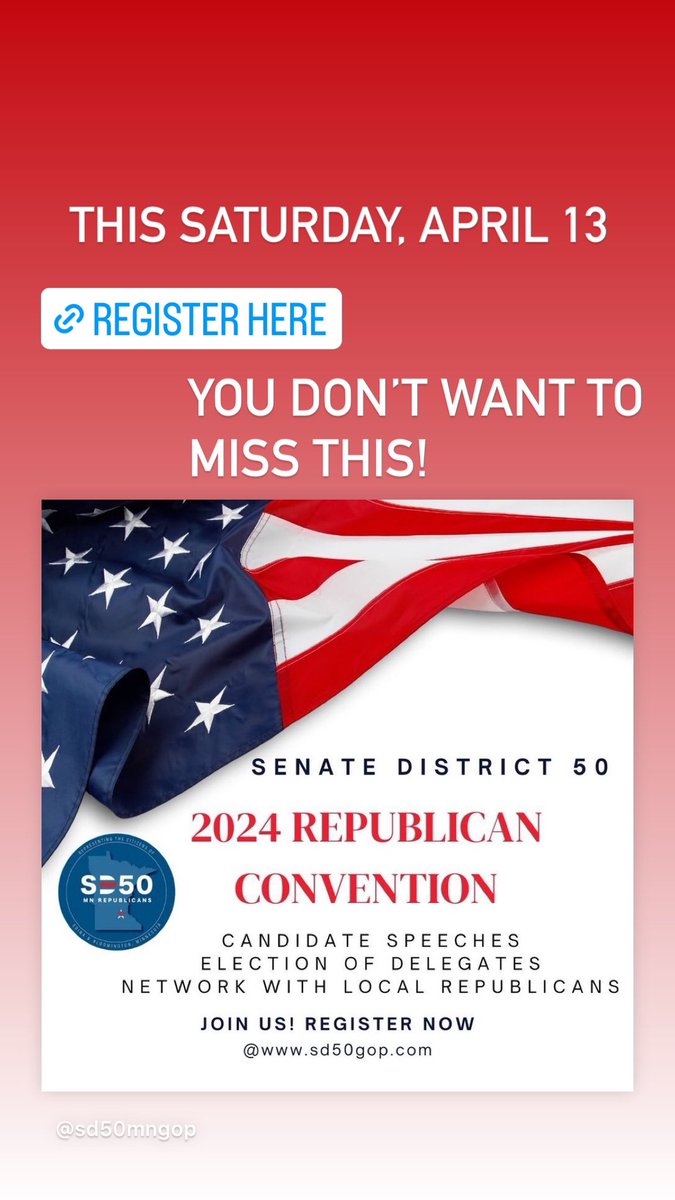Still time to register for Saturday’s SD 50 Republican Convention. Exciting NEW Candidate announcement and speeches from Republican Candidates! Register at sd50gop.com
