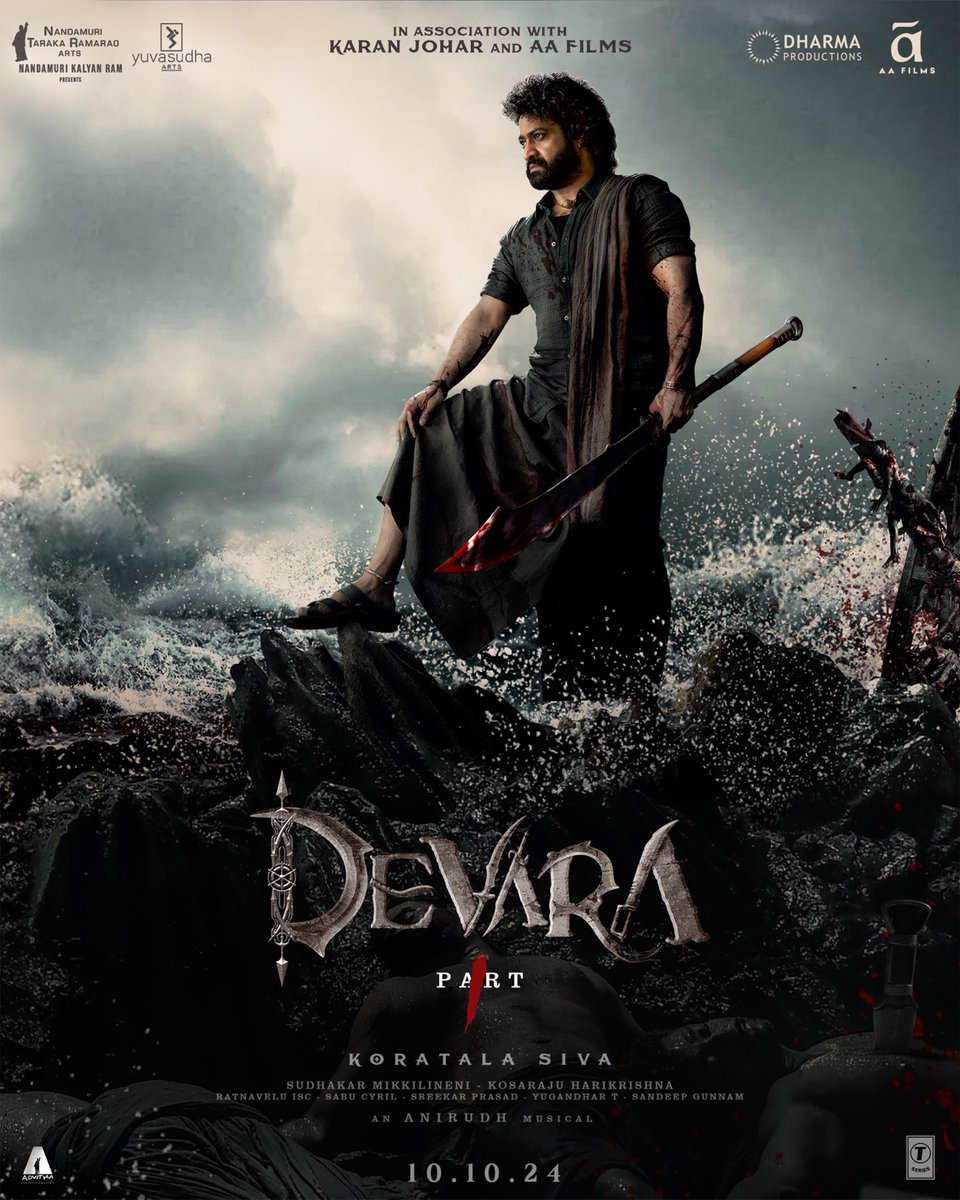 Exciting NEWS ALERT! The man of the masses Jr. NTR IS BACK, and he's bringing the house down with his next, #Devara, in association with Karan Johar and AA Films for theatrical distribution rights across North. This action-packed saga will hitting theaters this Dussehra -