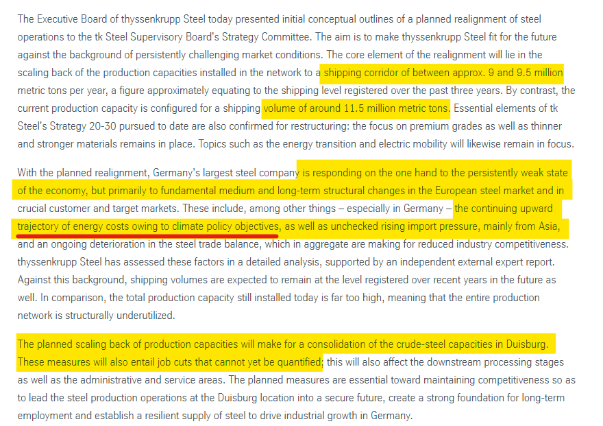 Thyssenkrupp, one of Germany's most iconic industrial conglomerates, plans to reduce steel output by ~20%.

The plan responds to an "upward trajectory of energy costs owing to climate policy objectives" and pressure from "unchecked" Asian steel imports.

thyssenkrupp-steel.com/en/newsroom/pr…