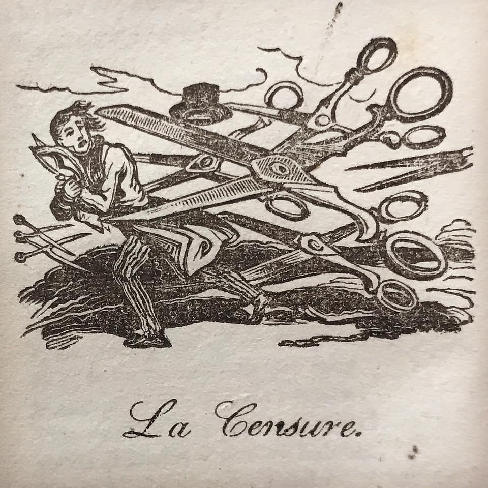 La censura, incombustible y multiforme, representada en una de sus formas más clásicas: las tijeras. Grabado en madera por Thompson a partir de una viñeta de Achille Devéria para una edición de 1827 de 'Les chansons de Beranger'.