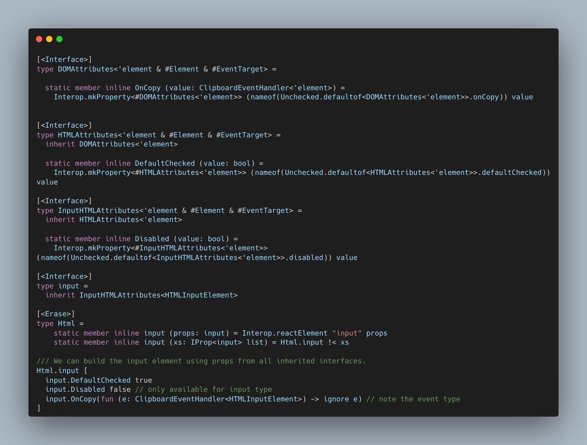 With the introduction of static members in interfaces in #fsharp 8, we can develop more specific #react types for #fable using the #feliz notation. I wonder if the community needs this, or if the current implementation is satisfactory. More code here: gist.github.com/lukaszkrzywizn…
