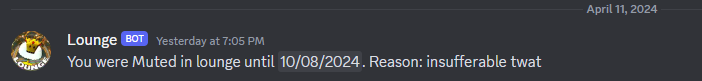 Estoy banneado hasta el 8 de octubre de 2024, y como pueden ver los imbéciles del Lounge staff ponen de "Reason", algo que traduce en español como imbécil insufrible, lo cual desde ahí me parece un trato inaceptable por parte de la """autoridad""" de mierda que son estas basuras