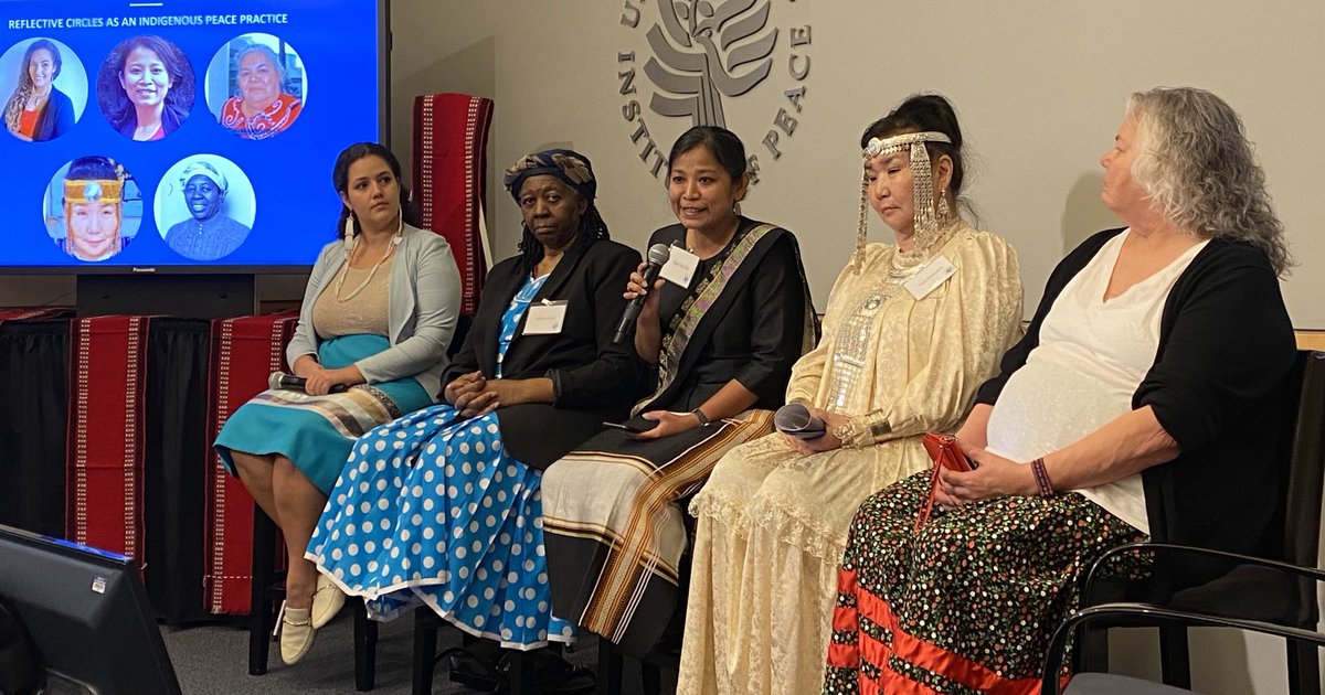 Panel on “Reflective Circles as Indigenous Peace Practices.” Rani Yan Yan from Chittagong Hill Tracts speaks along with fellow panelists from Siberia, Honduras and Mohawk & Chickasaw nations #FirstGlobalSummit2024 #IndigenousPeacebuilding #FindingPathways #PeaceHealing