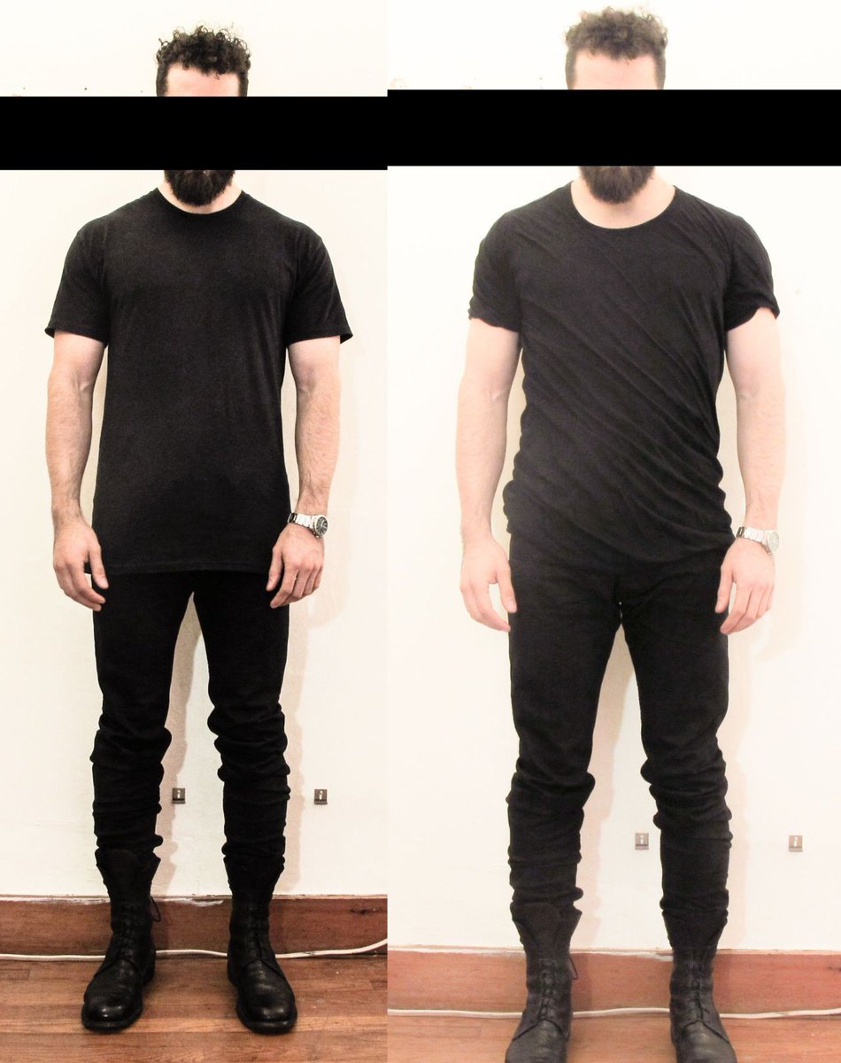 But drape can be a bit more nuanced. Here, we see a black Hanes T-shirt next to a black Rick Owens T-shirt. A bad reaction would be, 'I don't like my shirts wrinkled.' However, this effect matches Rick Owens' aesthetic. The fabric drapes well in that regard.