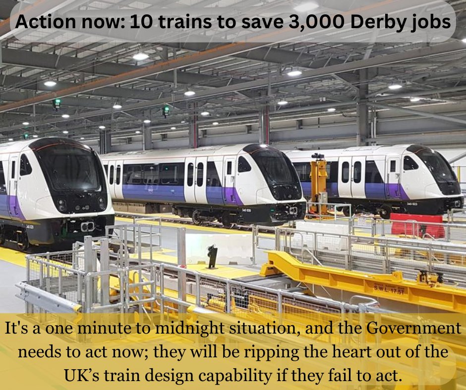 Action now: 10 trains to save 3,000 Derby jobs. Alstom needs a 10 train order to stay open and London's Elizabeth Line needs 10 trains to increase capacity because of HS2 at Old Oak Common. So order those trains now. Read on in our press release: railfuture.org.uk/Press-release-…