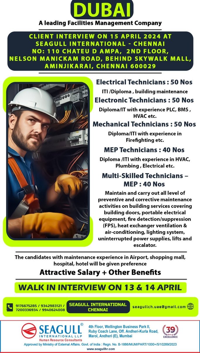 hrd1_seagull's tweet image. 🇦🇪Dubai Jobs 
💻Client Interview On 15th April 2024 At Aminjikarai
📝Walk In Interview On 13th &amp;amp; 14th April 2024
📍Location - Chennai
.
.
.
#Dubaijobs #Seagull #ElectricalTechnicians #ElectronicTechnicians #MechanicalTechnicians #MEPTechnicians #MultiskilledTechnicians