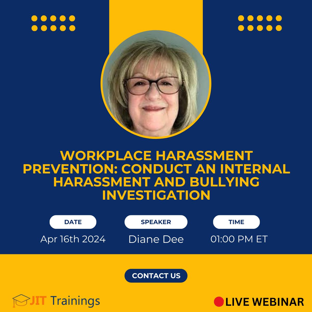 Join live webinar of our expert speaker Diane Dee
jittrainings.com/show/30/Workpl…
#livewebinar #dianedee #jittraining #Workplaceharassment #Internalharassment #Bullyinginvestigation