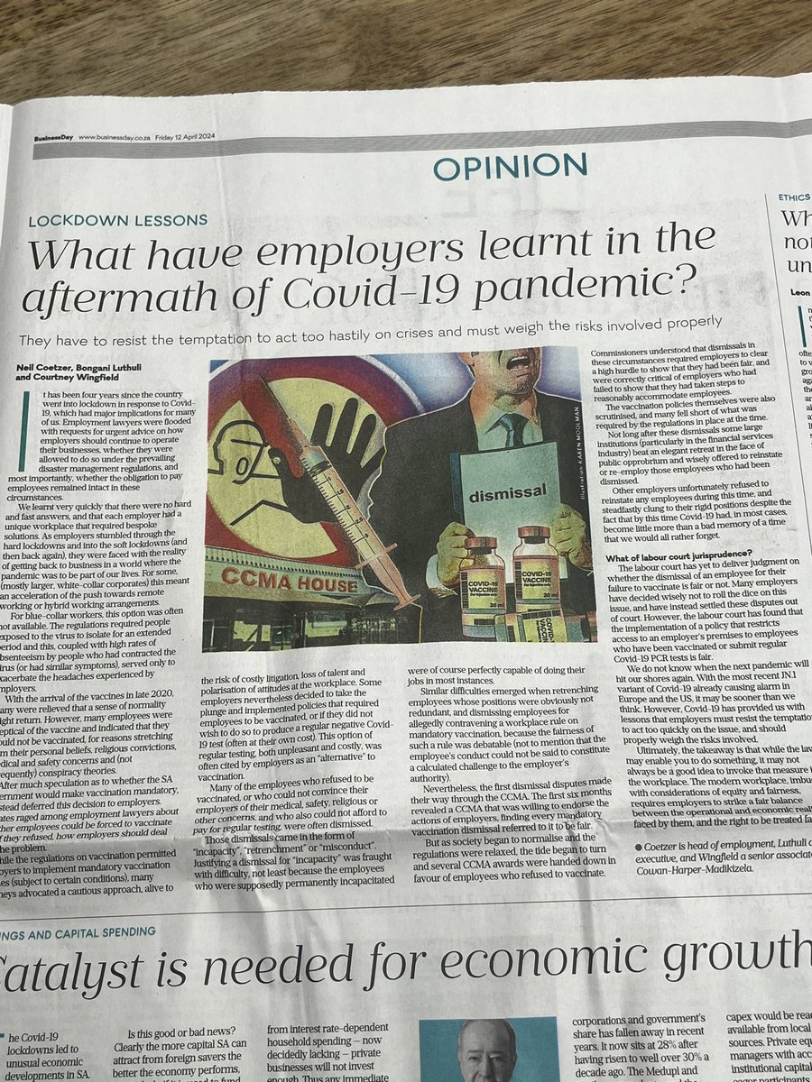 Catch our article on Business Day this morning, my colleagues Neil Coetzer, Courtney and I take a deep dive into the era of industrial pandemonium that we experienced during COVID times specifically relating to the dismissals for refusing to vaccinate. Where are we now?