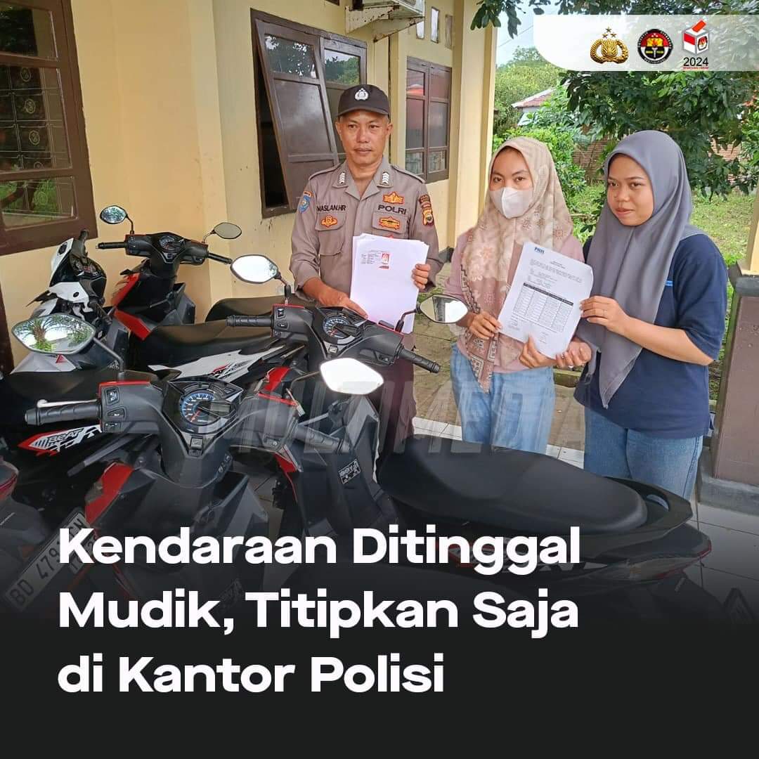 Kendaraan Ditinggal Mudik, Titipkan Saja di Kantor Polisi Polri memberikan pelayanan penitipan kendaraan di Polres dan Polsek bagi masyarakat. Layanan penitipan kendaraan ini gratis untuk masyarakat yang ingin mudik Lebaran 2024. .