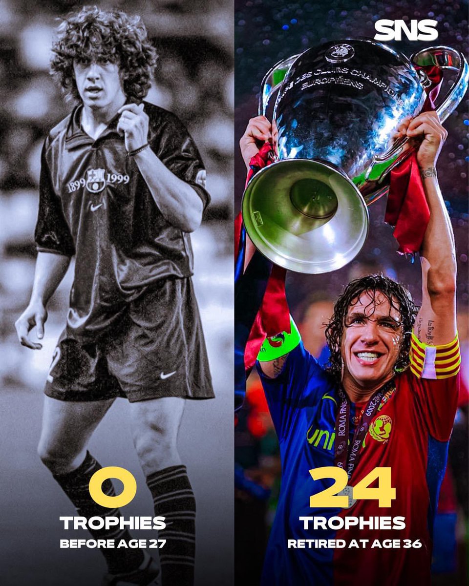 Did you know that Carlos Puyol won 0 trophies before the age of 27, and retired at age 36 with 24 trophies.