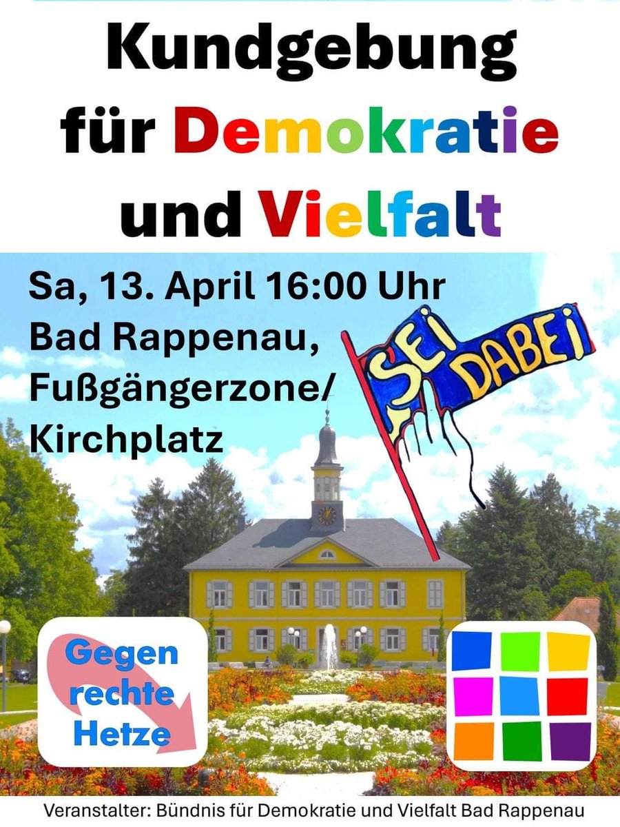 #BadRappenau

Demo gegen Rechts

❤️💜💙🩵💚💛🧡🩷

#fckafd
#NieWiederIstJetzt
#DemosGegenRechts #WirSindDieBrandmauer #WirSindMehr #LautGegenRechts #Demokratie #BuntStattBraun