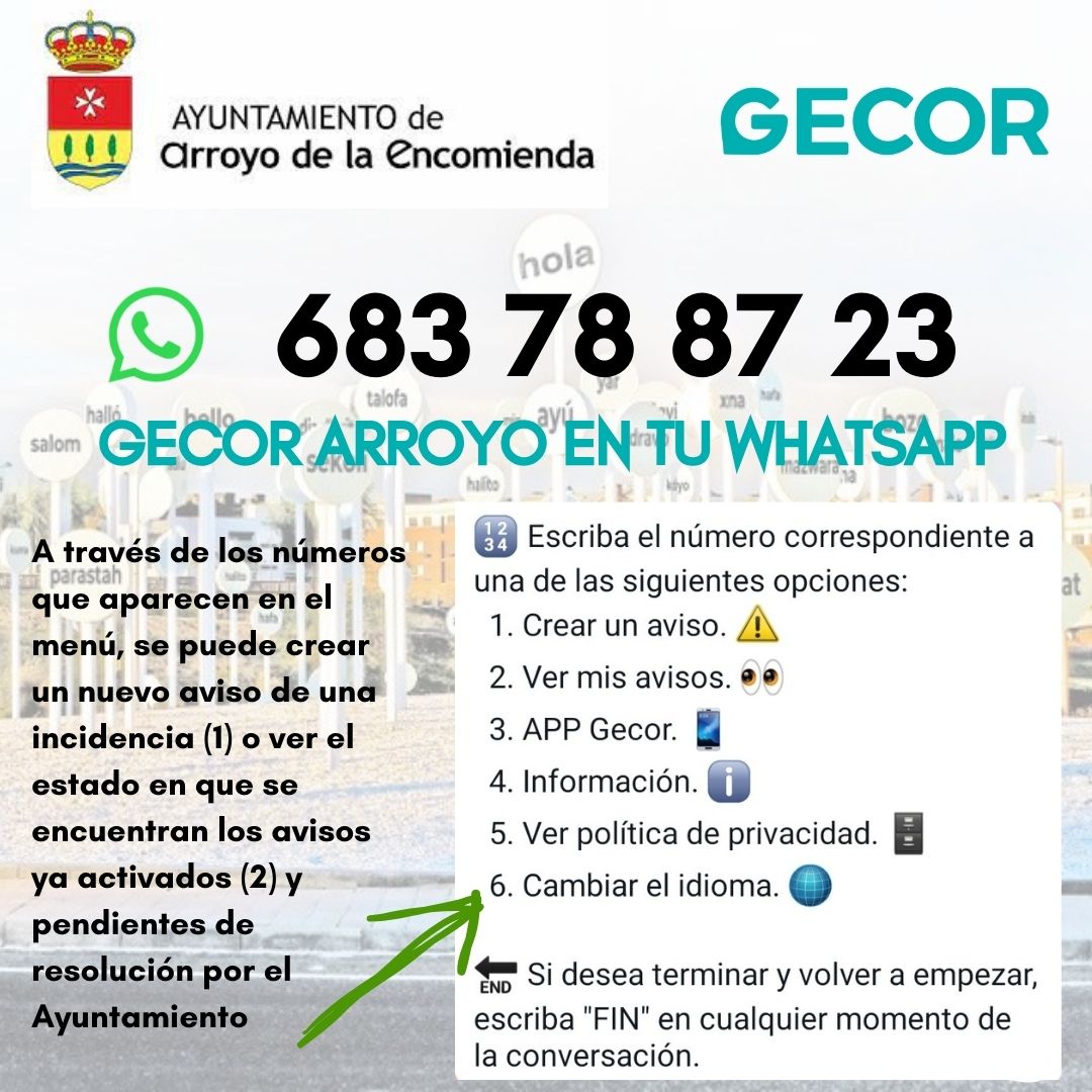 1⃣ Añade el número 683 78 87 23 a tus contactos. Puedes llamarlo GECOR ARROYO
2⃣ Abre Whatsapp y busca el contacto
3⃣ La primera vez, te pedirá aceptar la política de privacidad y facilitar el código postal
4⃣ A continuación aparecerá un menú para interactuar con el Ayuntamiento