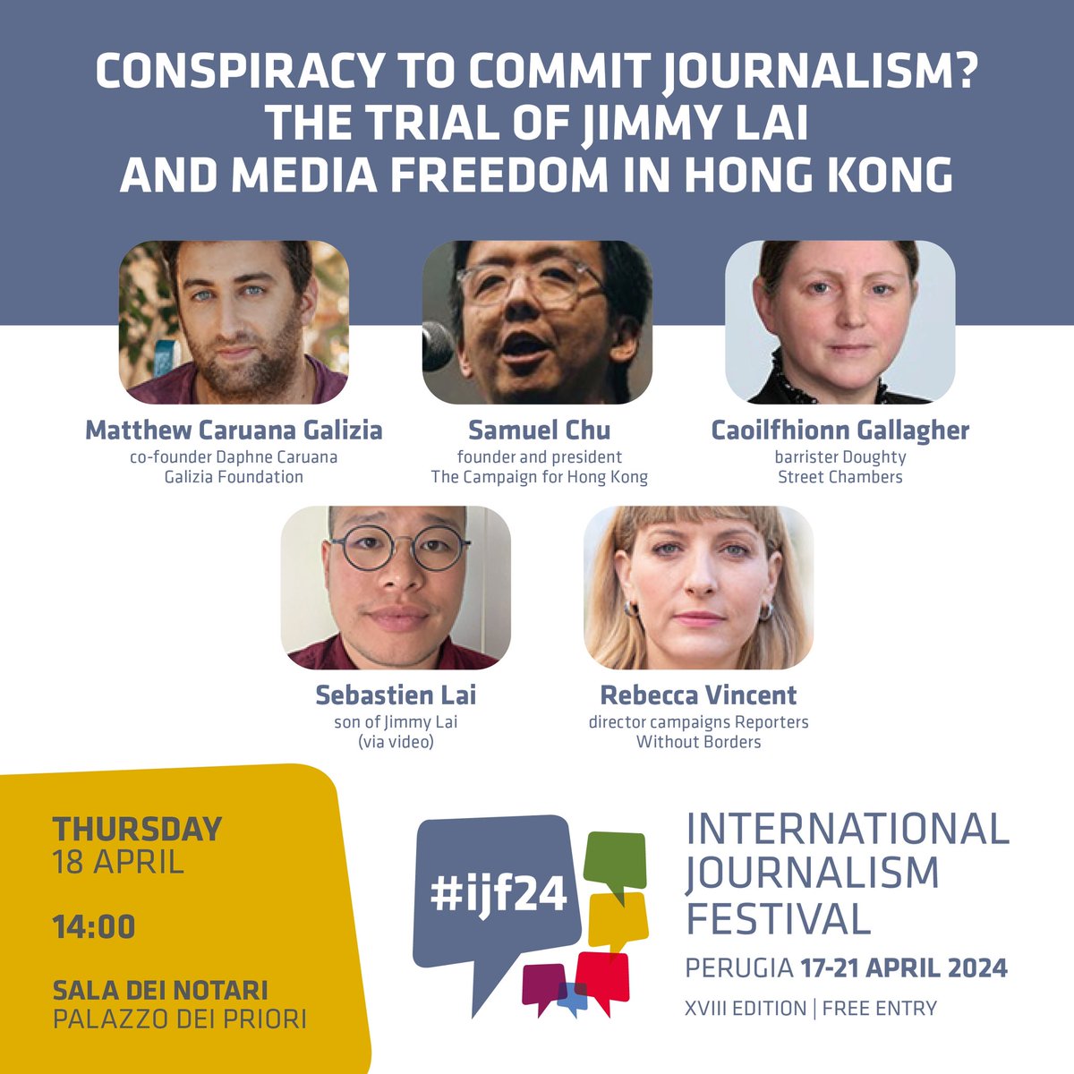 Next week #ijf24 we’ll discuss the injustice unfolding in a #HongKong courtroom & why it matters so much - for Hong Kong, the region & the world. Conspiracy to Commit Journalism: The Trial of Jimmy Lai & Media Freedom in Hong Kong 18 April, 1400 CET ▶️ journalismfestival.com/programme/2024…