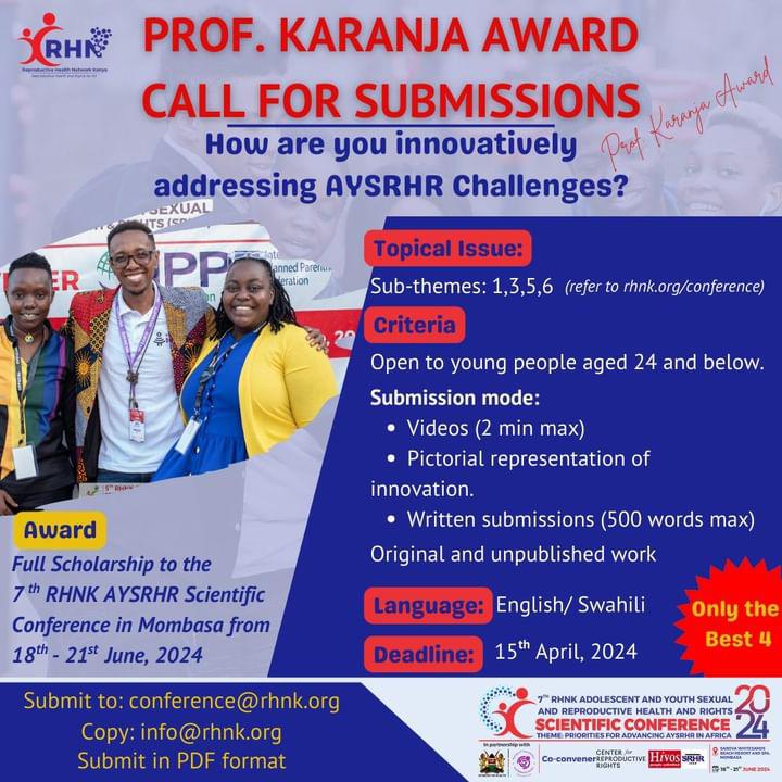 Innovators wanted!
Do you have innovative strategies to address #AYSRHR challenges?
Apply for the #RHNKConference2024 full scholarship now!
Sent your video pitch or a written proposal we want to hear from you!
@rhnkorg @hivosroea @ReproRights

See More Criteria on the poster⤵️